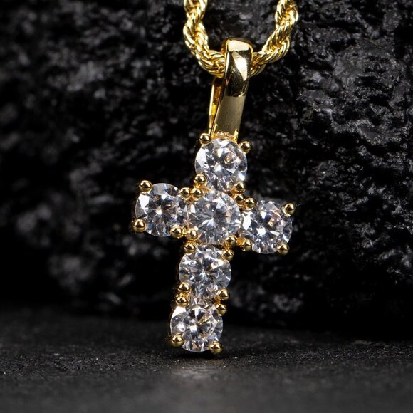 Mini Micro Elegant Yellow Gold Plated Iced Pointer Cross Pendant Necklace - Picture 2 of 6